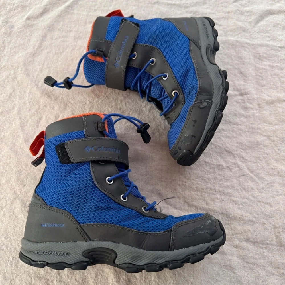Columbia Waterproof Snow Boots Kids 1 Blue Grey Techlite Omni-Grip Winter Hiking